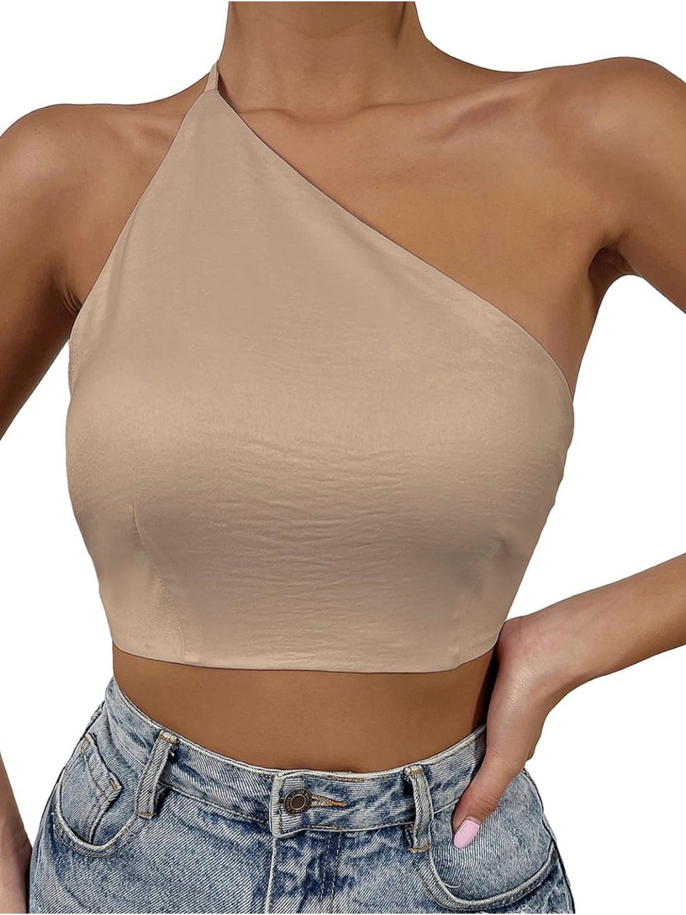 NWOT Asymmetric One-Shoulder Satin Crop Top - Beige